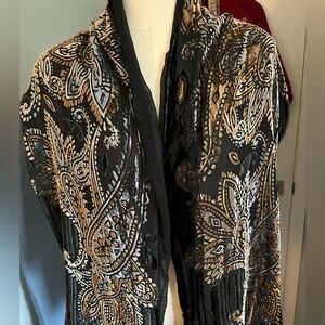 Adrienne Vittadini Burnout Velvet Paisley Scarf – Silk Blend – Black Gold Gray